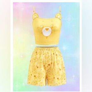 Yellow Care Bear Print Crop Top and Shorts Lounge Set